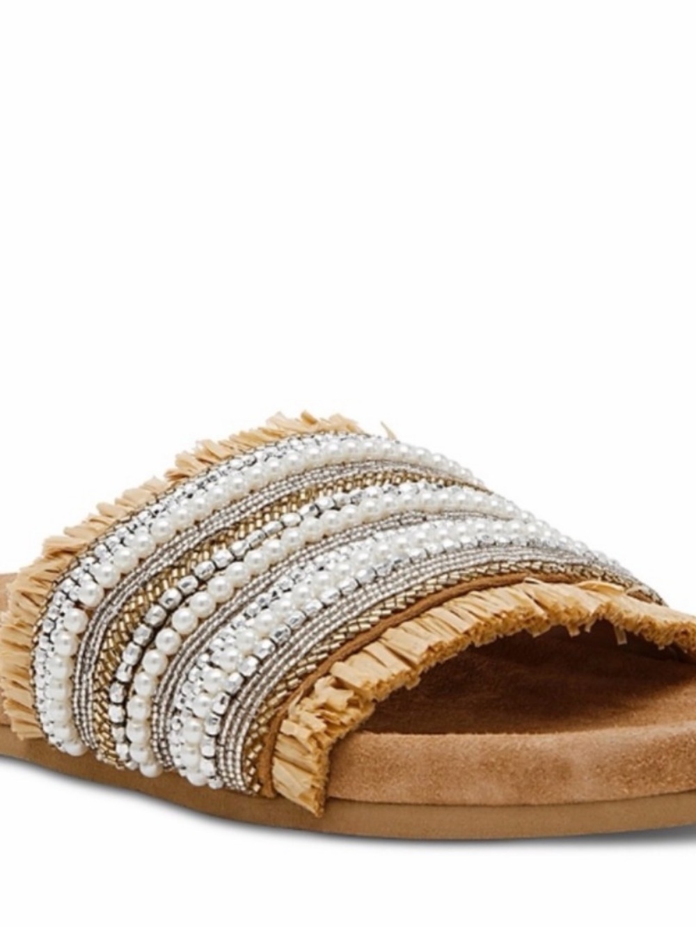 Steve Madden Tan Raffia Slide with Pearl & Metallic Beading